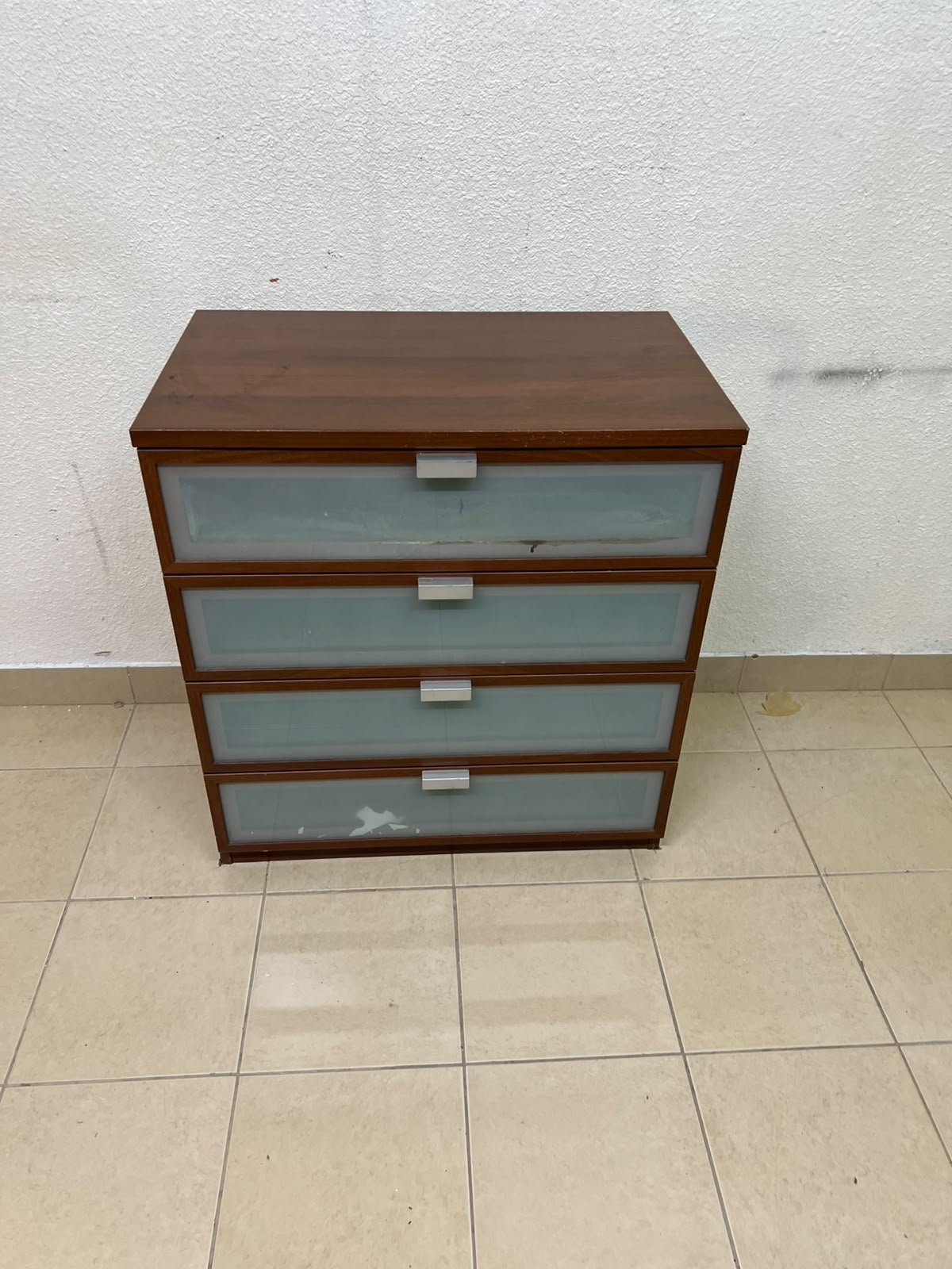 The IKEA HOPEN dark wood chest of drawers features four drawers with frosted glass fronts and silver-colored handles. - Image 8