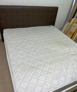 A modern white wooden king-size bed, paired with a cushioned spring mattress and a brown faux-leather upholstered headboard. - Image 2