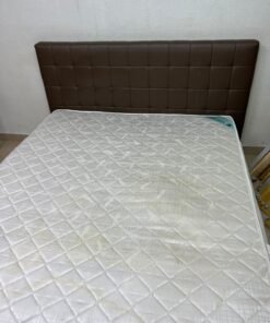 A modern white wooden king-size bed, paired with a cushioned spring mattress and a brown faux-leather upholstered headboard. - Image 6