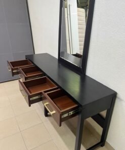 An ultra-long, modern console or vanity table featuring a black wooden frame, contrasting warm-toned wooden drawers, and gold-finished metal handles; it comes with a matching wall mirror. - Image 12