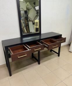 An ultra-long, modern console or vanity table featuring a black wooden frame, contrasting warm-toned wooden drawers, and gold-finished metal handles; it comes with a matching wall mirror. - Image 14