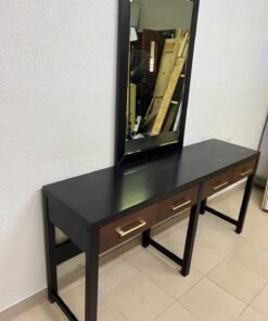 An ultra-long, modern console or vanity table featuring a black wooden frame, contrasting warm-toned wooden drawers, and gold-finished metal handles; it comes with a matching wall mirror. - Image 3
