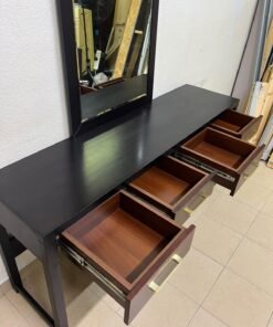 An ultra-long, modern console or vanity table featuring a black wooden frame, contrasting warm-toned wooden drawers, and gold-finished metal handles; it comes with a matching wall mirror. - Image 6