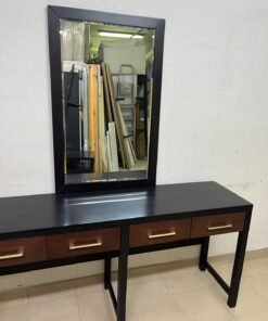 An ultra-long, modern console or vanity table featuring a black wooden frame, contrasting warm-toned wooden drawers, and gold-finished metal handles; it comes with a matching wall mirror. - Image 7