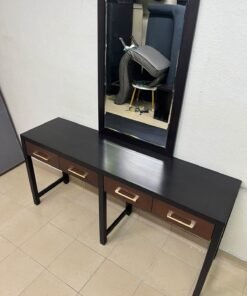 An ultra-long, modern console or vanity table featuring a black wooden frame, contrasting warm-toned wooden drawers, and gold-finished metal handles; it comes with a matching wall mirror. - Image 8