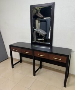 An ultra-long, modern console or vanity table featuring a black wooden frame, contrasting warm-toned wooden drawers, and gold-finished metal handles; it comes with a matching wall mirror. - Image 10