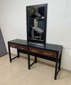 An ultra-long, modern console or vanity table featuring a black wooden frame, contrasting warm-toned wooden drawers, and gold-finished metal handles; it comes with a matching wall mirror. - Image 11