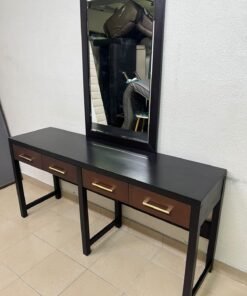 An ultra-long, modern console or vanity table featuring a black wooden frame, contrasting warm-toned wooden drawers, and gold-finished metal handles; it comes with a matching wall mirror. - Image 15