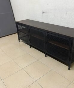 The FJÄLLBO TV unit from IKEA, featuring an industrial design with a solid wood top and black metal mesh doors. - Image 3
