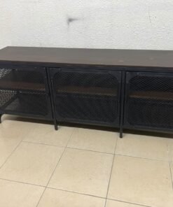 The FJÄLLBO TV unit from IKEA, featuring an industrial design with a solid wood top and black metal mesh doors. - Image 4