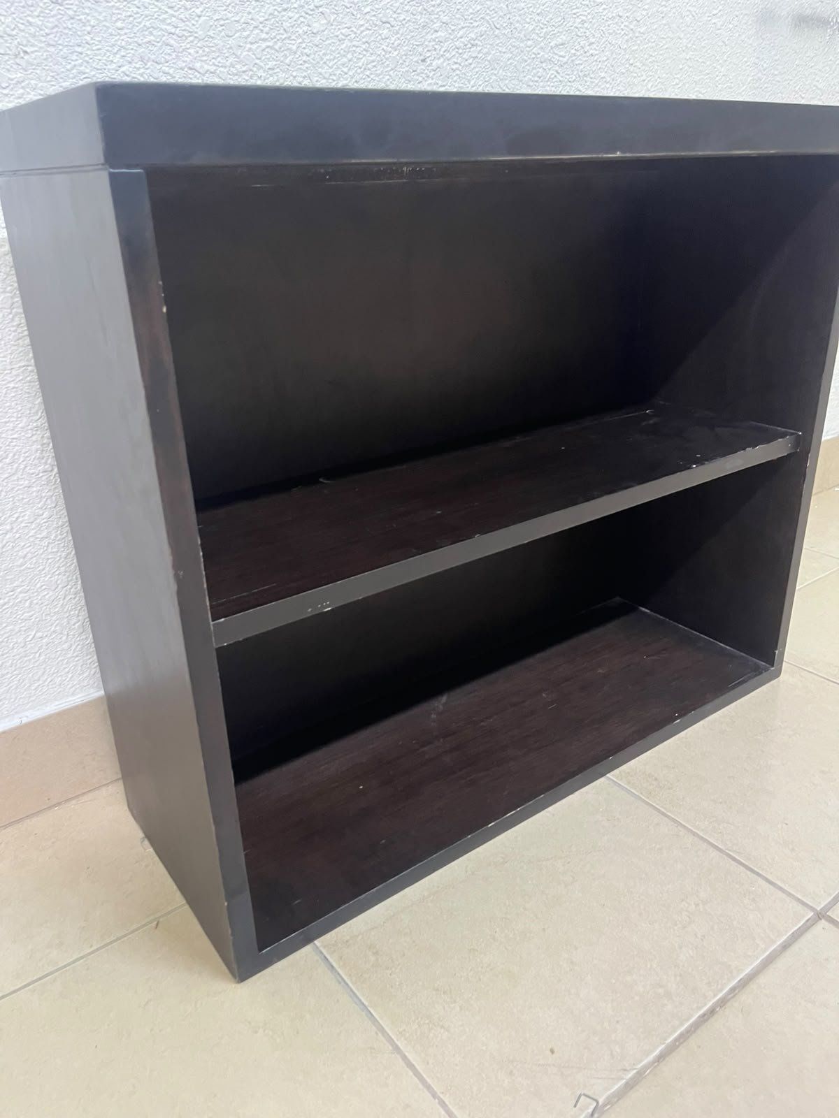 A wall-mounted, open-style bookcase featuring two shelves and a sleek rectangular design, crafted from wood in a dark brown or "espresso" finish. - Image 7