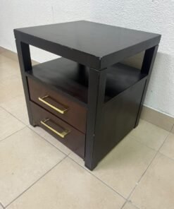 A modern wooden side table featuring two drawers and an open shelf, with a dark wood frame that contrasts with the reddish-brown drawer fronts, accented by slender metal handles. - Image 12