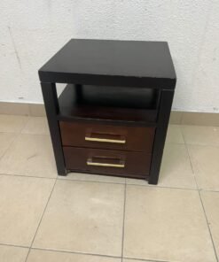 A modern wooden side table featuring two drawers and an open shelf, with a dark wood frame that contrasts with the reddish-brown drawer fronts, accented by slender metal handles. - Image 2