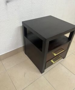A modern wooden side table featuring two drawers and an open shelf, with a dark wood frame that contrasts with the reddish-brown drawer fronts, accented by slender metal handles. - Image 4