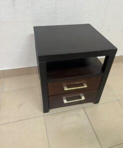 A modern wooden side table featuring two drawers and an open shelf, with a dark wood frame that contrasts with the reddish-brown drawer fronts, accented by slender metal handles. - Image 6