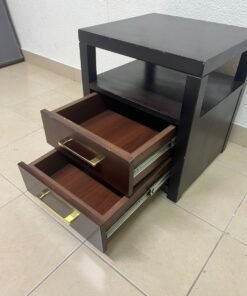 A modern wooden side table featuring two drawers and an open shelf, with a dark wood frame that contrasts with the reddish-brown drawer fronts, accented by slender metal handles. - Image 7