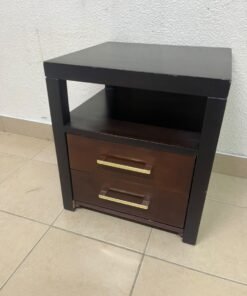 A modern wooden side table featuring two drawers and an open shelf, with a dark wood frame that contrasts with the reddish-brown drawer fronts, accented by slender metal handles. - Image 8