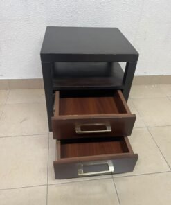 A modern wooden side table featuring two drawers and an open shelf, with a dark wood frame that contrasts with the reddish-brown drawer fronts, accented by slender metal handles. - Image 9