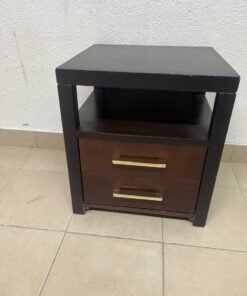 A modern wooden side table featuring two drawers and an open shelf, with a dark wood frame that contrasts with the reddish-brown drawer fronts, accented by slender metal handles. - Image 11