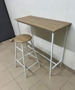 A high table featuring a compact rectangular top with a warm Sonoma Oak finish, paired with a matching round bar stool set on a white metal frame. - Image 2