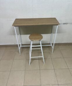 A high table featuring a compact rectangular top with a warm Sonoma Oak finish, paired with a matching round bar stool set on a white metal frame. - Image 8