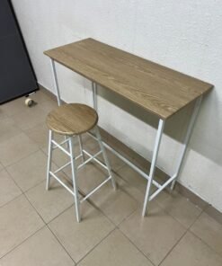A high table featuring a compact rectangular top with a warm Sonoma Oak finish, paired with a matching round bar stool set on a white metal frame. - Image 7