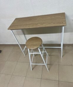 A high table featuring a compact rectangular top with a warm Sonoma Oak finish, paired with a matching round bar stool set on a white metal frame.