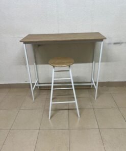 A high table featuring a compact rectangular top with a warm Sonoma Oak finish, paired with a matching round bar stool set on a white metal frame. - Image 4