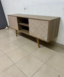 A modern wooden TV cabinet featuring distinctive textured woven doors and angled legs, closely resembling the Techno Mobili TV stand or Danube Home TV units. - Image 9