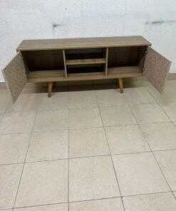 A modern wooden TV cabinet featuring distinctive textured woven doors and angled legs, closely resembling the Techno Mobili TV stand or Danube Home TV units. - Image 10