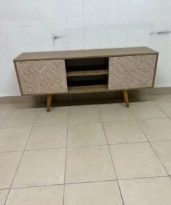 A modern wooden TV cabinet featuring distinctive textured woven doors and angled legs, closely resembling the Techno Mobili TV stand or Danube Home TV units. - Image 4
