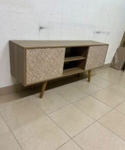 A modern wooden TV cabinet featuring distinctive textured woven doors and angled legs, closely resembling the Techno Mobili TV stand or Danube Home TV units. - Image 12
