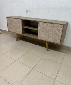 A modern wooden TV cabinet featuring distinctive textured woven doors and angled legs, closely resembling the Techno Mobili TV stand or Danube Home TV units. - Image 8