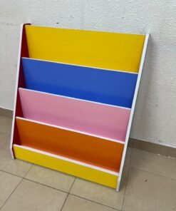 Colorful children's bookshelf with a multi-tiered wooden design.