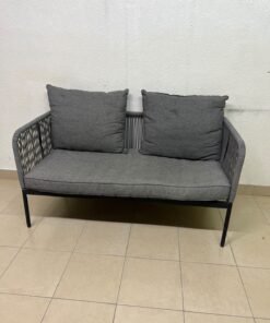 The two-seater outdoor sofa is a modern piece featuring a grey rope-woven design, a black metal frame, and matching back cushions. - Image 2