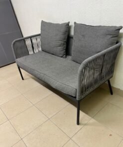 The two-seater outdoor sofa is a modern piece featuring a grey rope-woven design, a black metal frame, and matching back cushions. - Image 4