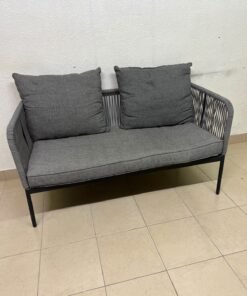 The two-seater outdoor sofa is a modern piece featuring a grey rope-woven design, a black metal frame, and matching back cushions. - Image 5