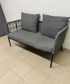 The two-seater outdoor sofa is a modern piece featuring a grey rope-woven design, a black metal frame, and matching back cushions. - Image 7