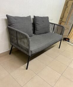 The two-seater outdoor sofa is a modern piece featuring a grey rope-woven design, a black metal frame, and matching back cushions. - Image 8