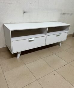 A modern, white, freestanding TV stand featuring angled legs and two large lower storage drawers, topped by open shelves. - Image 2