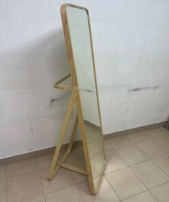 The IKEA IKORNNES ash wood standing mirror, featuring a distinctive rounded wooden frame and a hanging rail integrated into the rear stand. - Image 4
