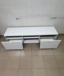 The IKEA BYÅS TV unit in high-gloss white features a sleek, modern design with two cabinets and open central shelves. - Image 10