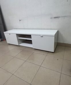 The IKEA BYÅS TV unit in high-gloss white features a sleek, modern design with two cabinets and open central shelves. - Image 11