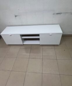 The IKEA BYÅS TV unit in high-gloss white features a sleek, modern design with two cabinets and open central shelves. - Image 4