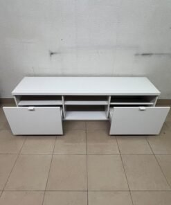 The IKEA BYÅS TV unit in high-gloss white features a sleek, modern design with two cabinets and open central shelves. - Image 6