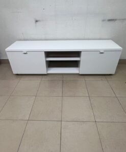 The IKEA BYÅS TV unit in high-gloss white features a sleek, modern design with two cabinets and open central shelves. - Image 7