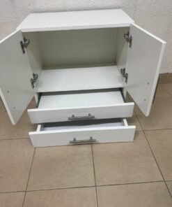 A white wooden storage cabinet featuring two upper doors and two lower drawers equipped with rectangular silver handles. - Image 12