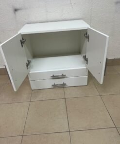 A white wooden storage cabinet featuring two upper doors and two lower drawers equipped with rectangular silver handles. - Image 11