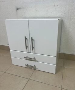 A white wooden storage cabinet featuring two upper doors and two lower drawers equipped with rectangular silver handles. - Image 10