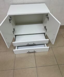 A white wooden storage cabinet featuring two upper doors and two lower drawers equipped with rectangular silver handles. - Image 9